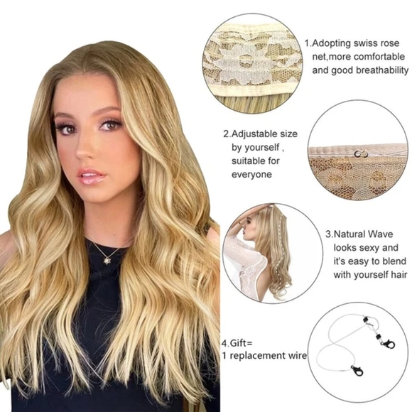 💛 Hiara Extensions Invisible Seamless Blend Halo Wavy Blonde Highlights Wig - Picture 6 of 10